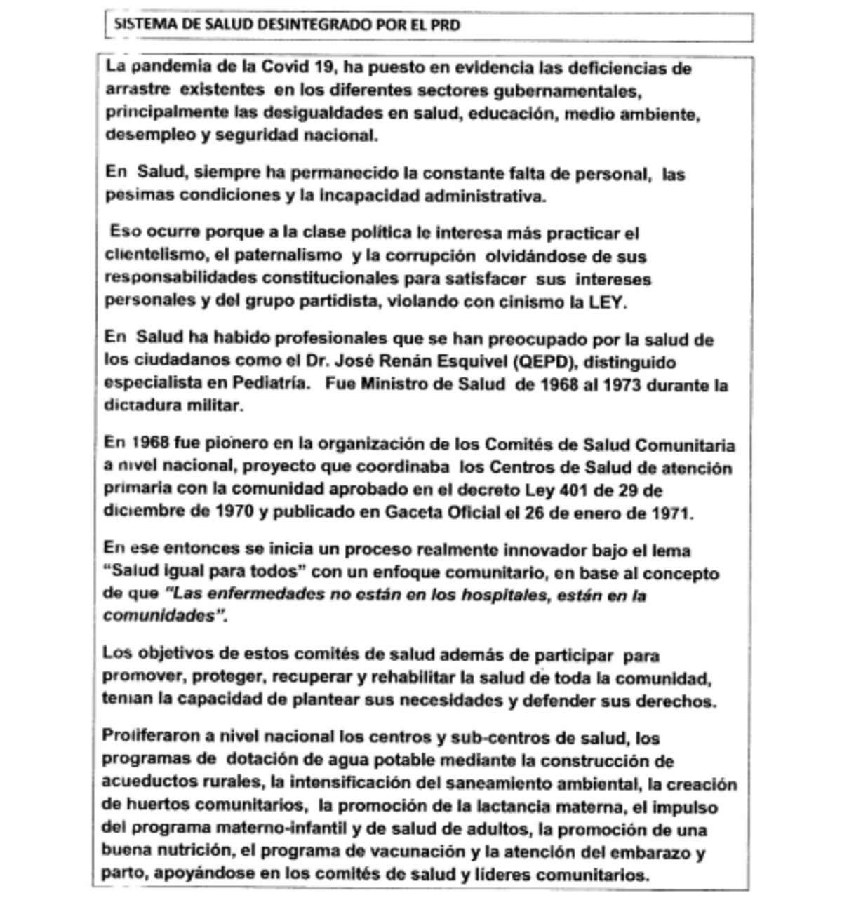 Doctor Gastón Dormoi comparte un artículo titulado ‘Sistema de salud desintegrado por el PRD’