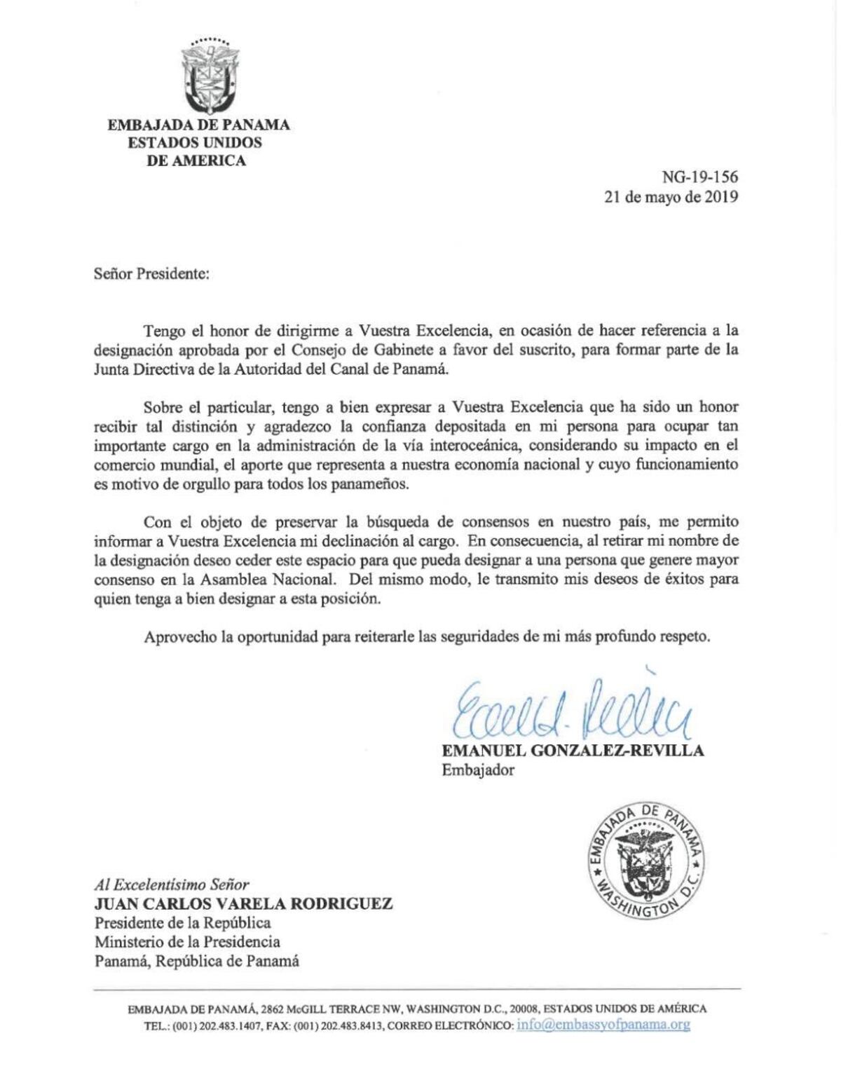 González-Revilla emula a canciller y desiste a designación para directivo de la ACP