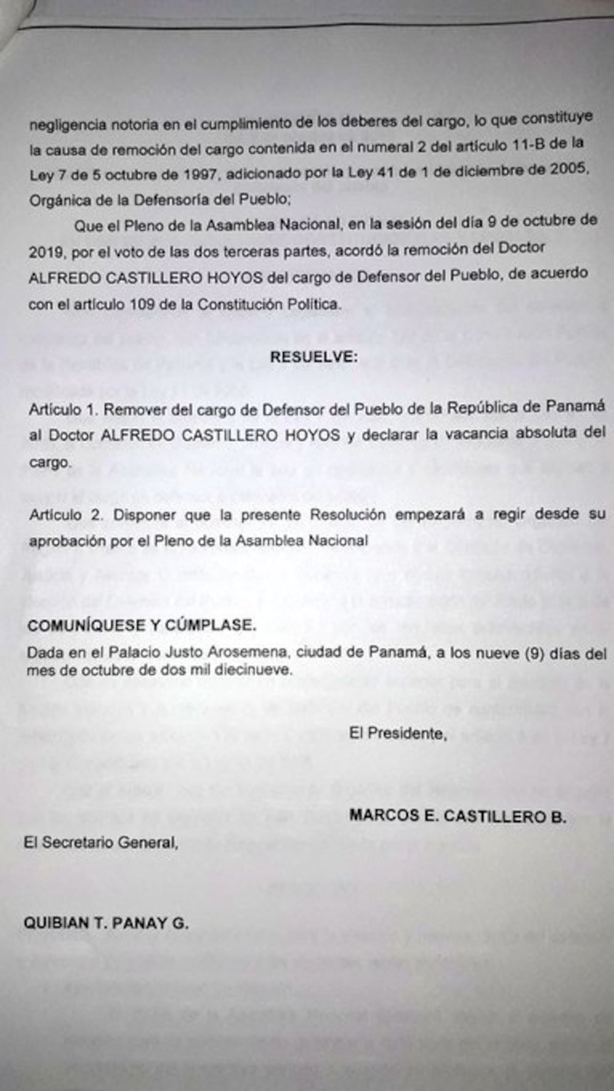 Pleno de la Asamblea destituye a Defensor del Pueblo, 'por negligente’