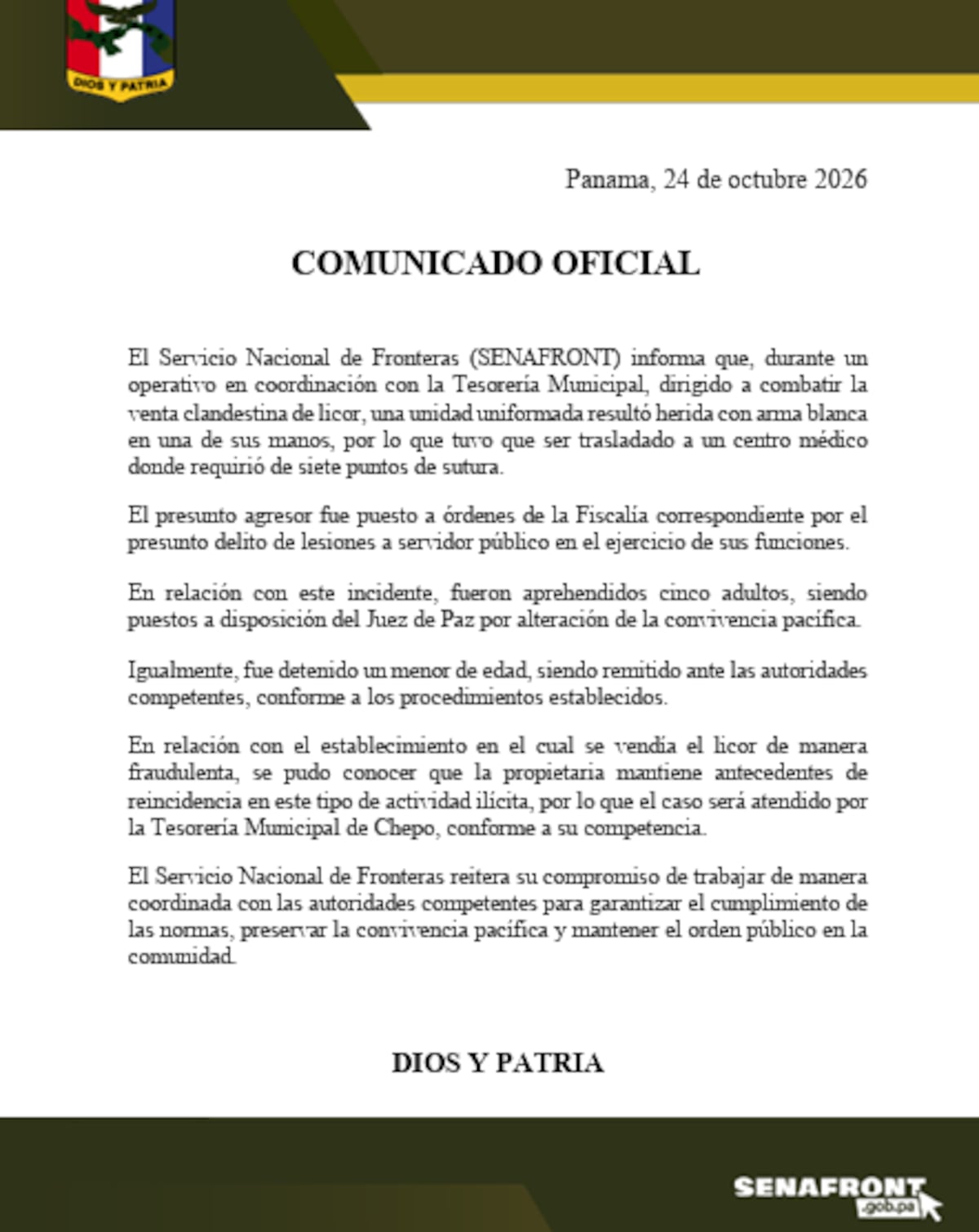 Un agente del SENAFRONT necesitó siete puntos de sutura tras ser herido durante un operativo contra venta ilegal de licor en Chepo