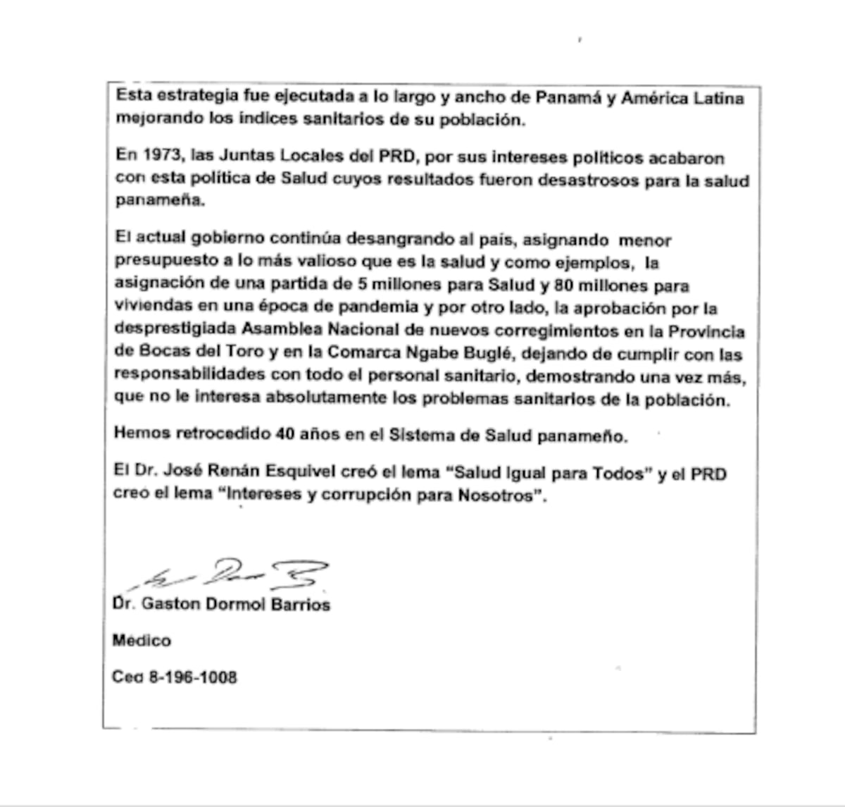 Doctor Gastón Dormoi comparte un artículo titulado ‘Sistema de salud desintegrado por el PRD’