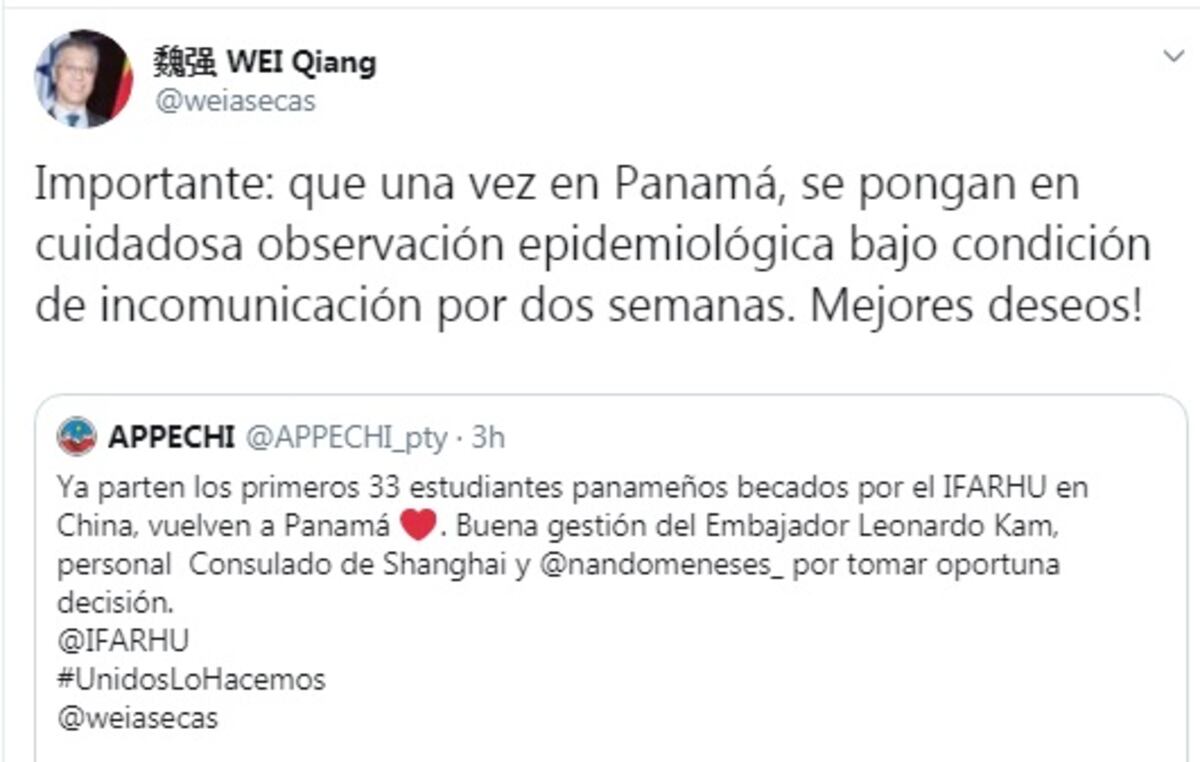 Ya vienen los estudiantes becados de China. Embajador chino pide que los tengan aislados