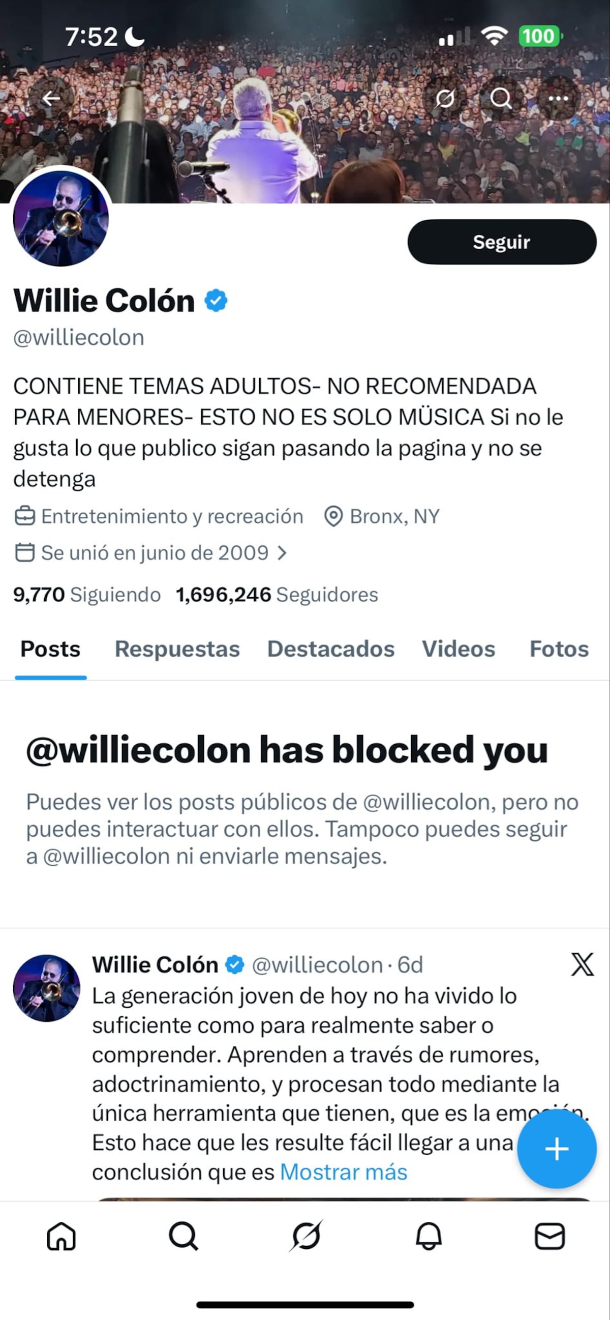 ‘Ni hablo de salsa’: Franklyn Robinson descubre bloqueo de Willie Colón en X