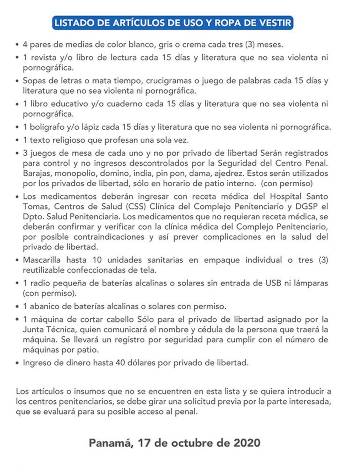 Estos son los artículos que podrán ser ingresados en las visitas a los centros penitenciarios de Panamá