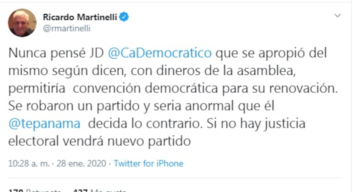 Ahora sí, Martinelli renunció al partido que fundó, Cambio Democrático. Video