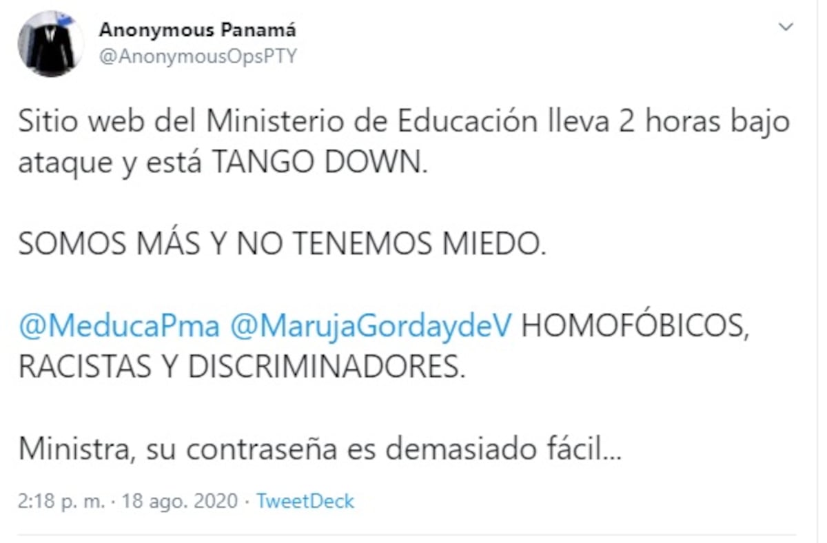 Meduca confirma ataque cibernético a su plataforma. Cuenta Anonymous se lo acredita. Advierte a la ministra que su contraseña es muy fácil