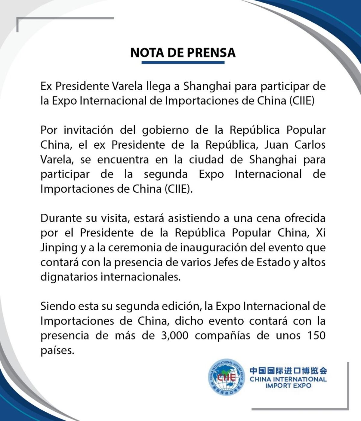 Varela llega a Shanghái para participar de la Expo Internacional de Importaciones de China