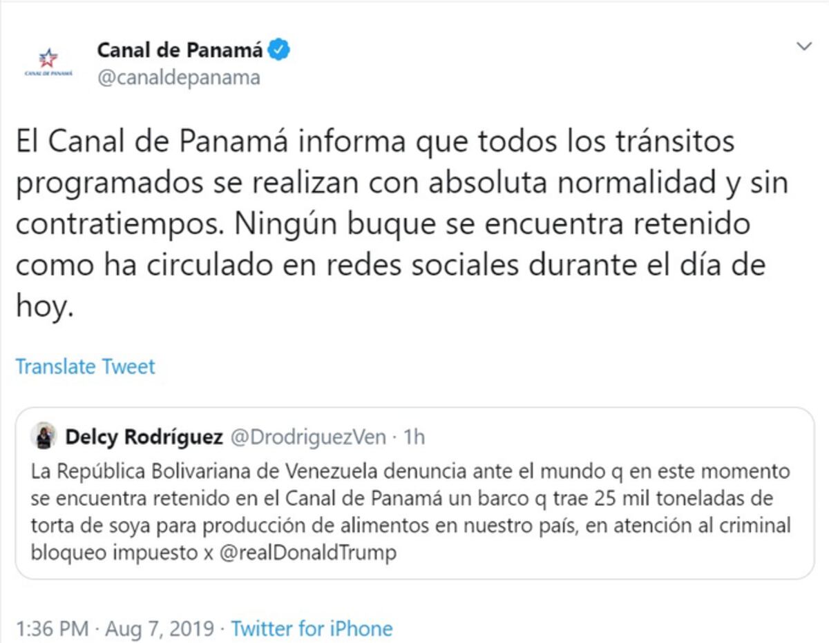 Canal de Panamá desmiente rápidamente a vicepresidenta de Venezuela