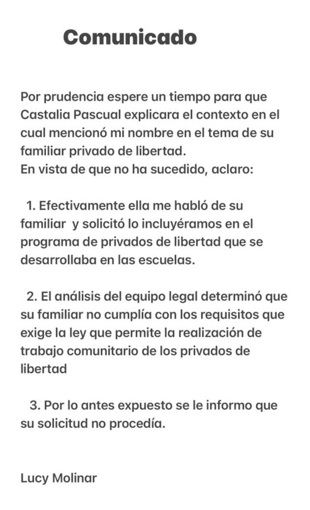 Lucy Molinar esperaba que Castalia explicara por qué mencionó su nombre tras  revelar lo que le hizo Martinelli 