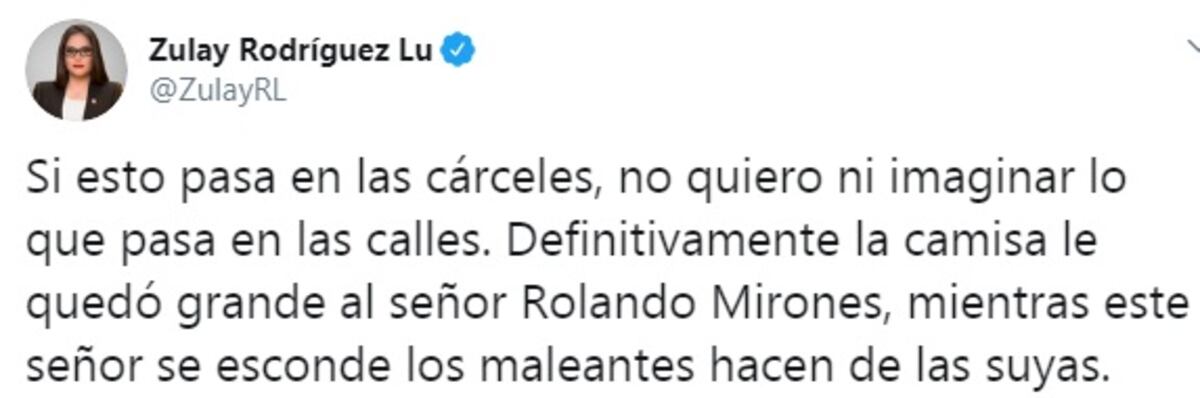 Zulay arremete otra vez contra Mirones. Dice que se esconde mientras maleantes hacen de las suyas