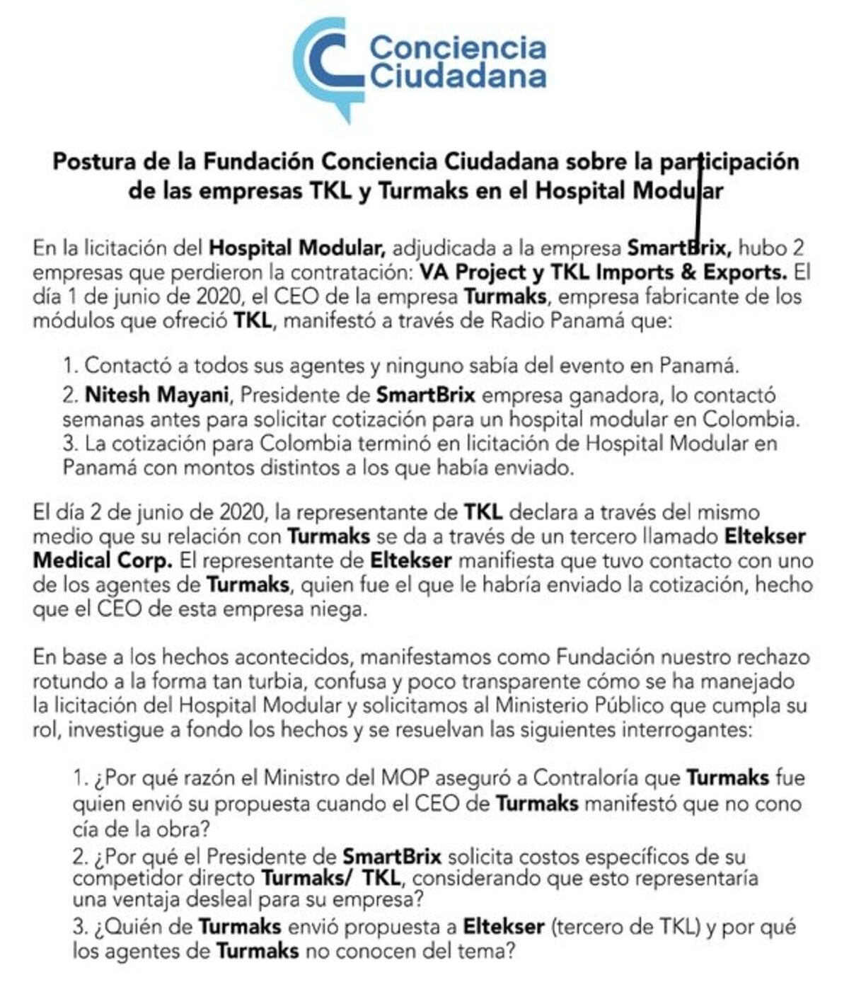 Ciudadanos solicitan al Ministerio Público investigue a fondo la licitación del hospital modular