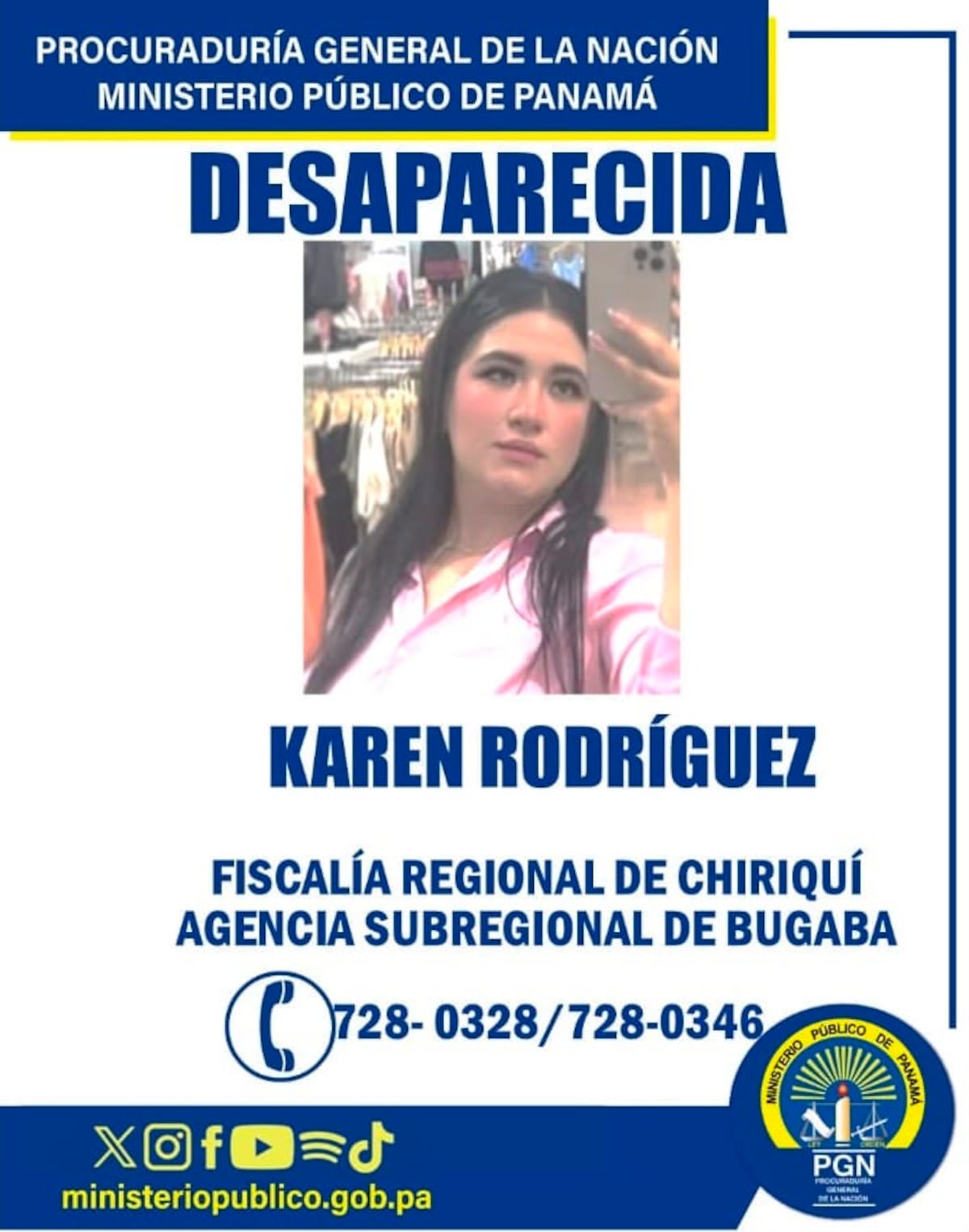 Salió de su casa en un Kia Río y no regresó: buscan a Karen Rodríguez en Chiriquí