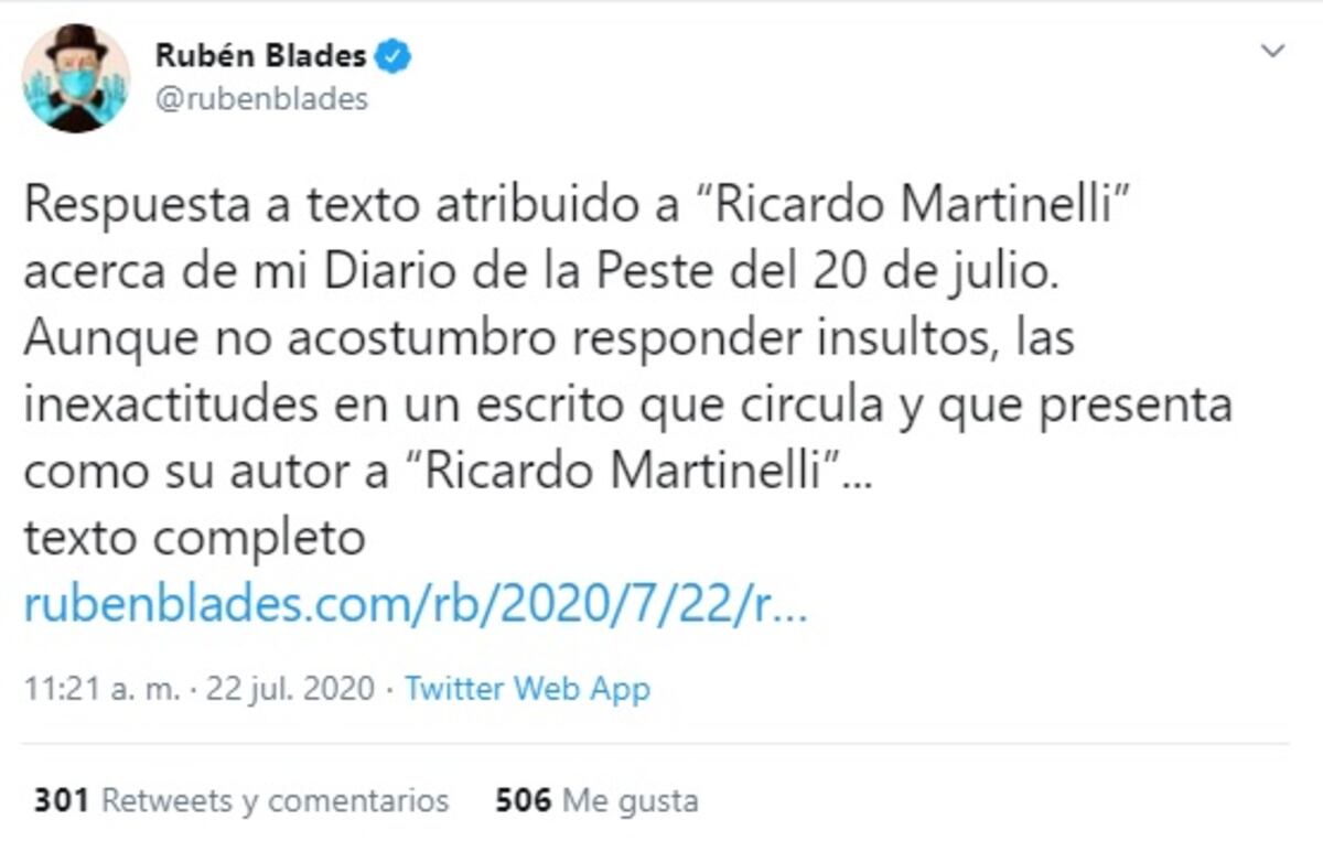 Se enfrascan en redes. ‘Es preferible ser un mal actor que un consagrado ladrón’. Rubén Blades responde a texto atribuido supuestamente a Martinelli