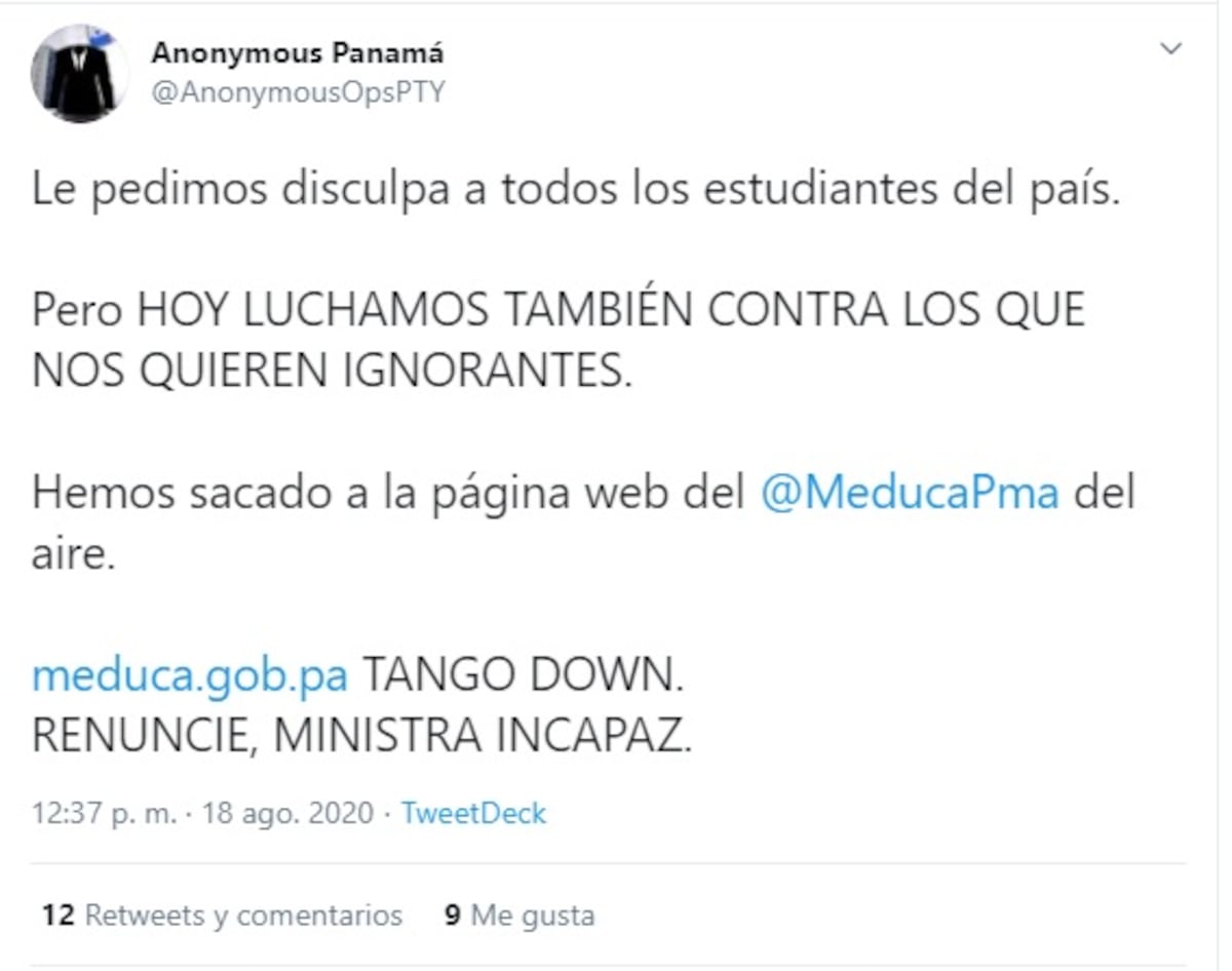 Meduca confirma ataque cibernético a su plataforma. Cuenta Anonymous se lo acredita. Advierte a la ministra que su contraseña es muy fácil