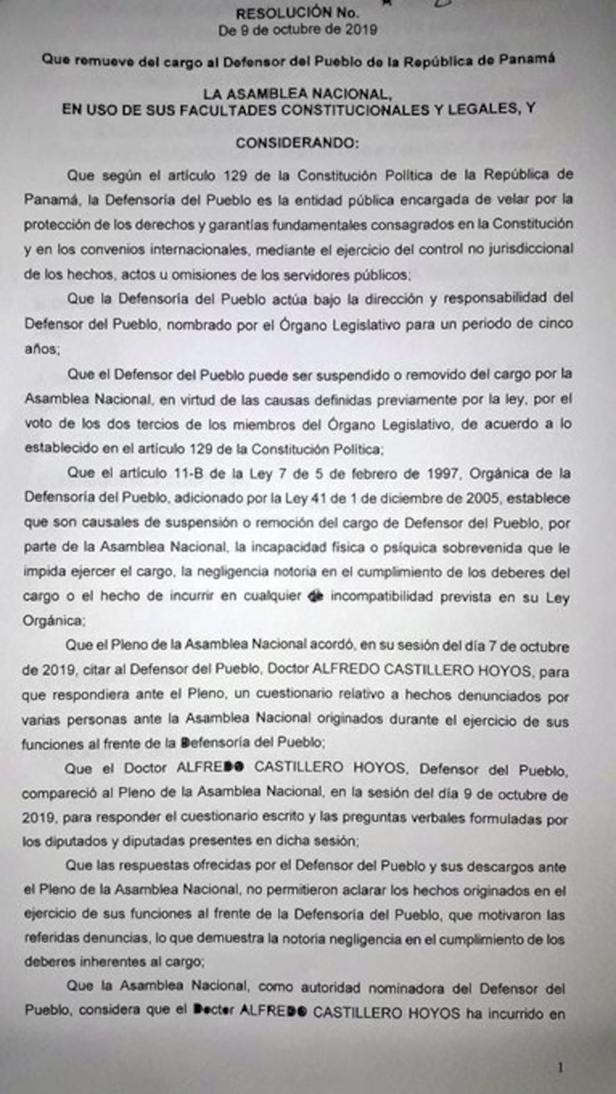 Pleno de la Asamblea destituye a Defensor del Pueblo, 'por negligente’