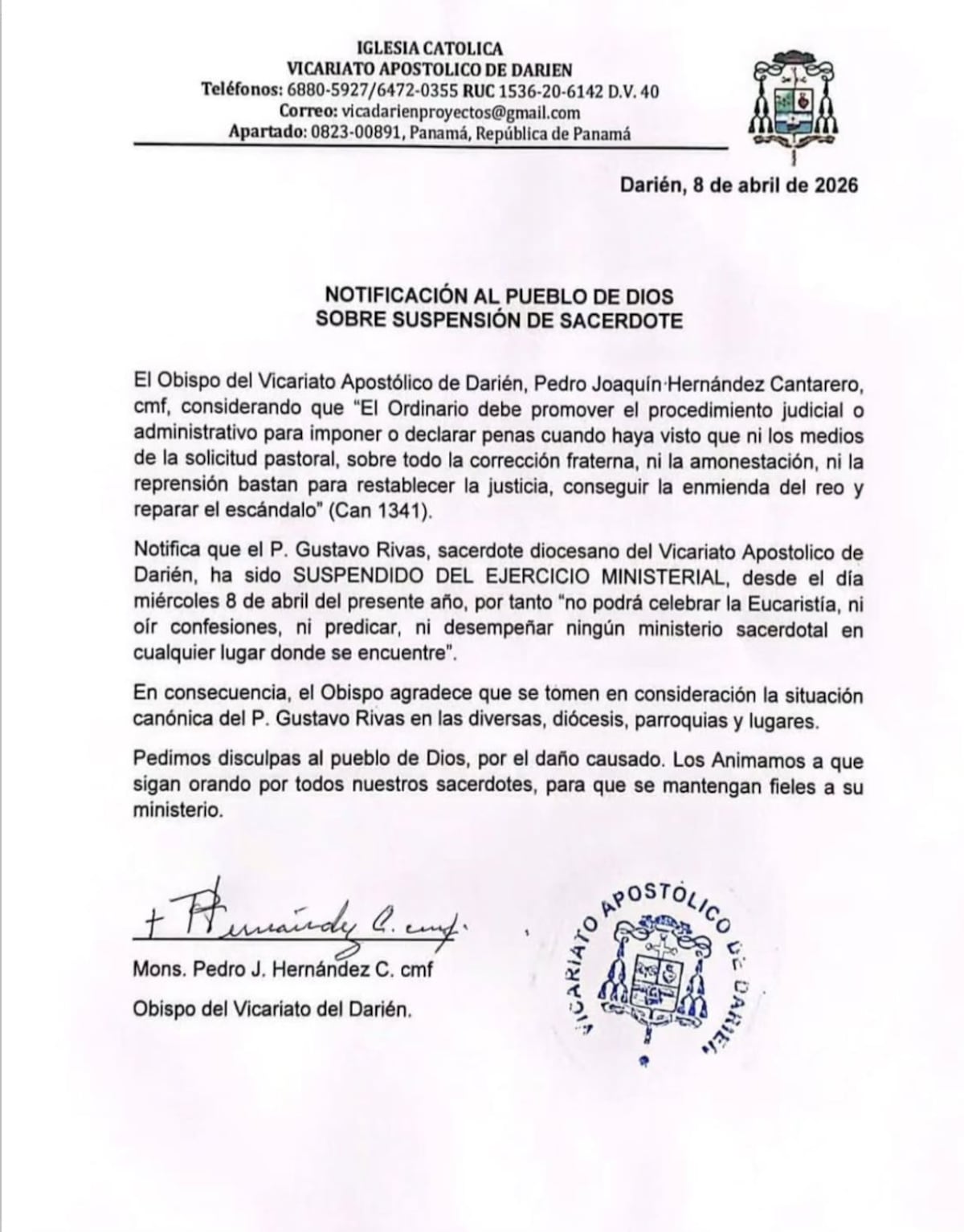 Sacerdote queda suspendido en Darién: no podrá dar misa ni confesar tras polémico caso