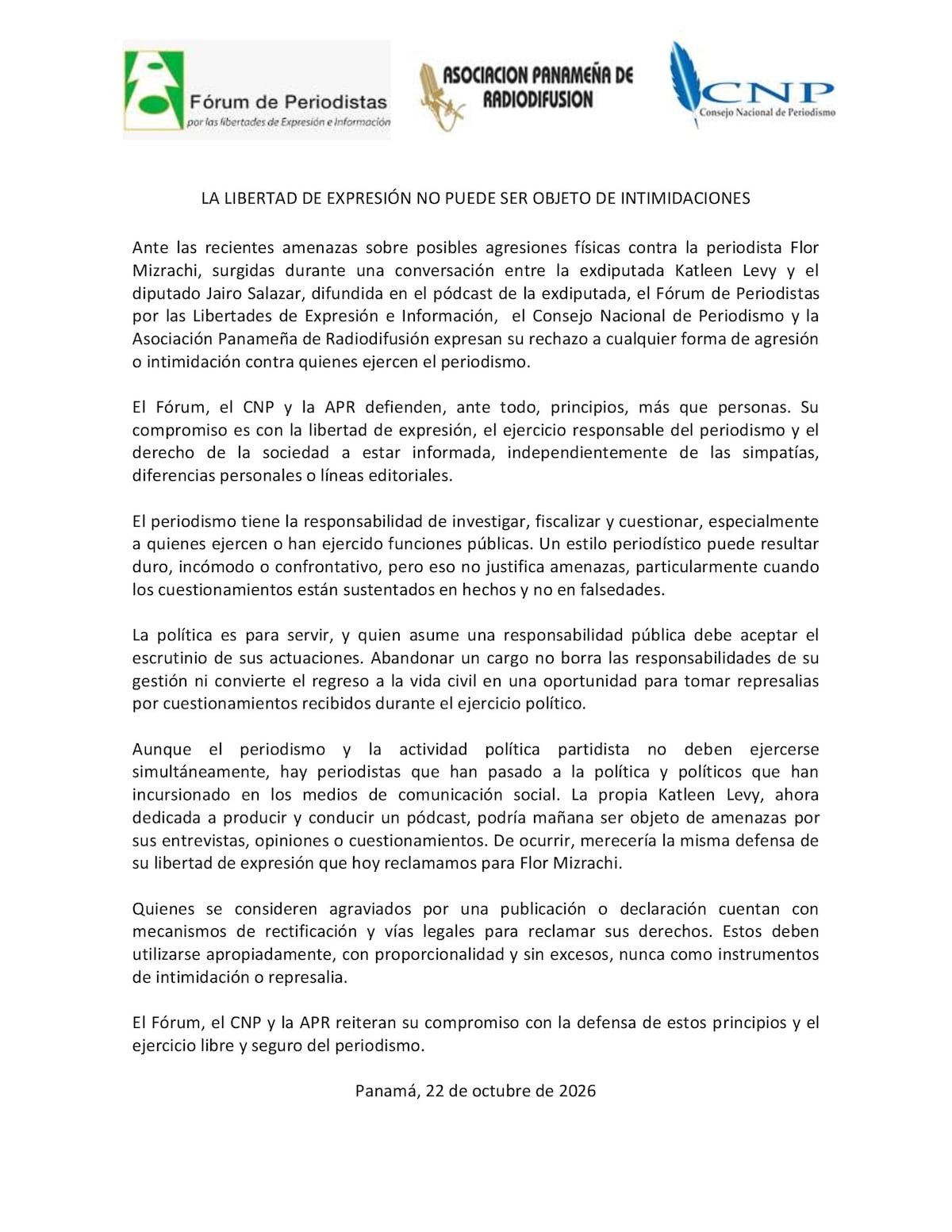 Gremios periodísticos repudian amenazas contra Flor Mizrachi en pódcast de Katleen Levy