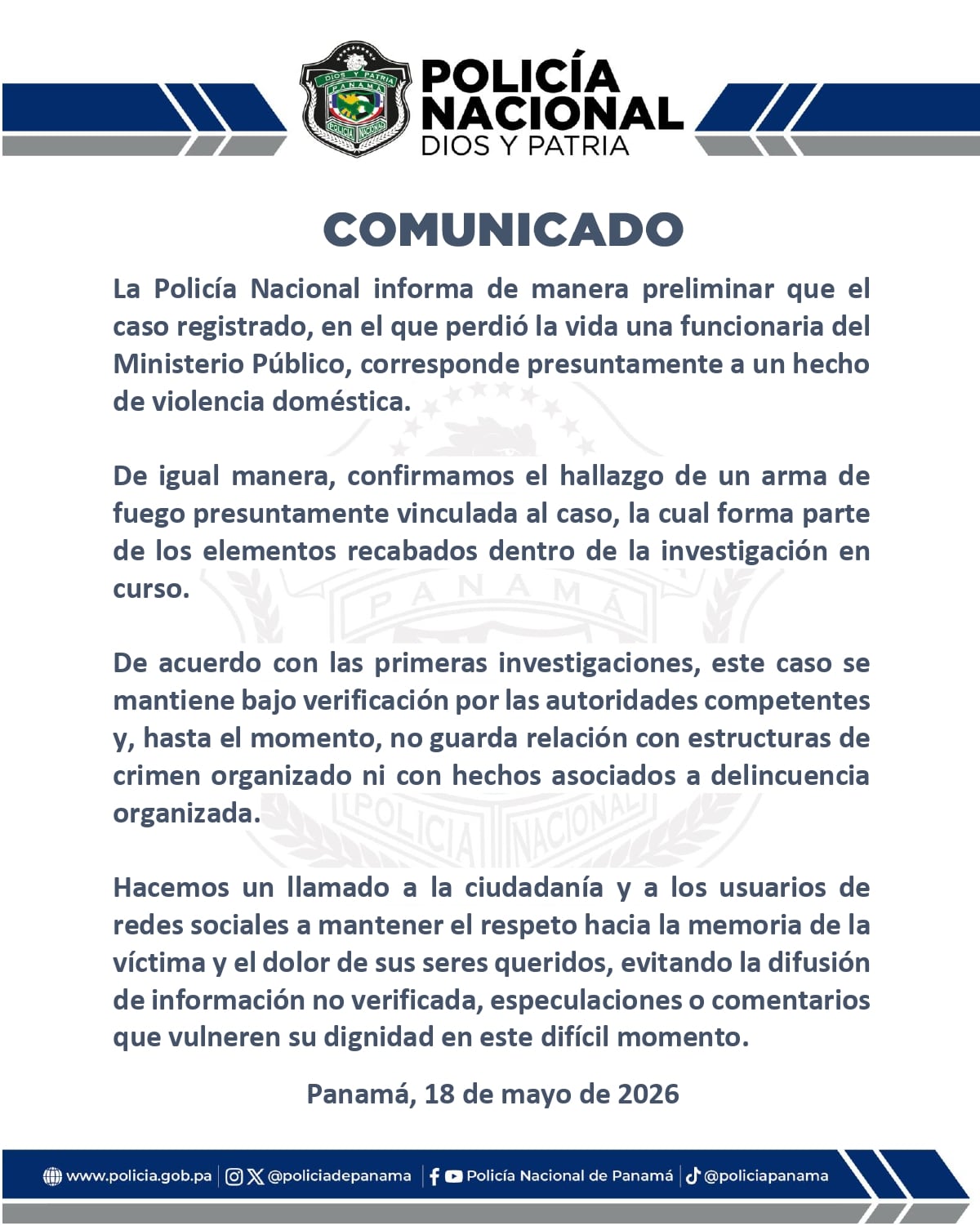 Muerte de fiscal: Policía investiga como violencia doméstica; Ministerio de la Mujer llama a denunciar y SENAFRONT expresa condolencias