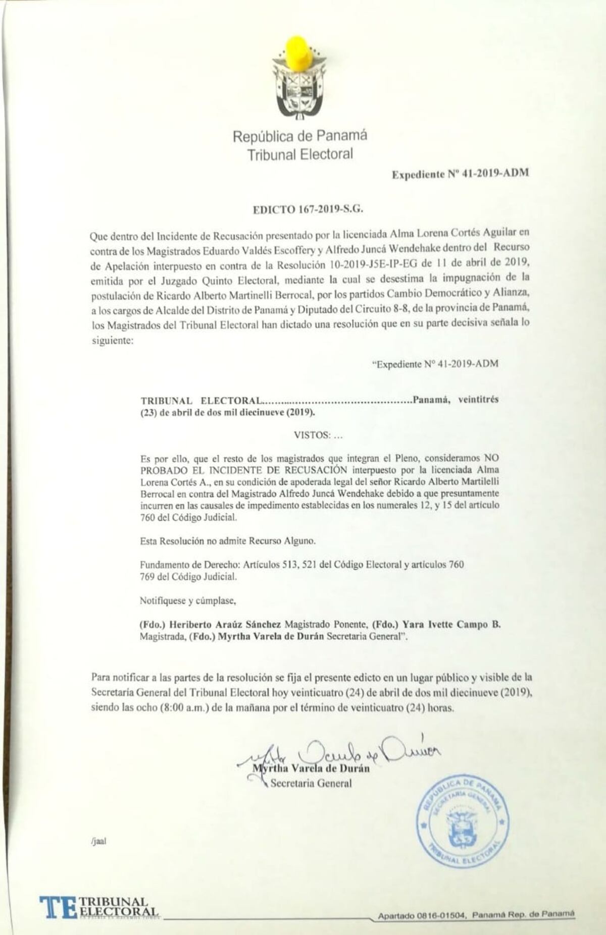 El Tribunal Electoral niega recusación presentada por abogados de Martinelli