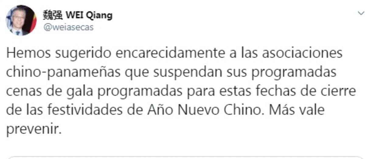 Embajador de China en Panamá pide suspender cenas y festividades por el Coronavirus 