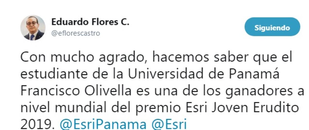 Estudiante de la Universidad de Panamá gana premio Esri Joven Erudito 2019 a nivel mundial