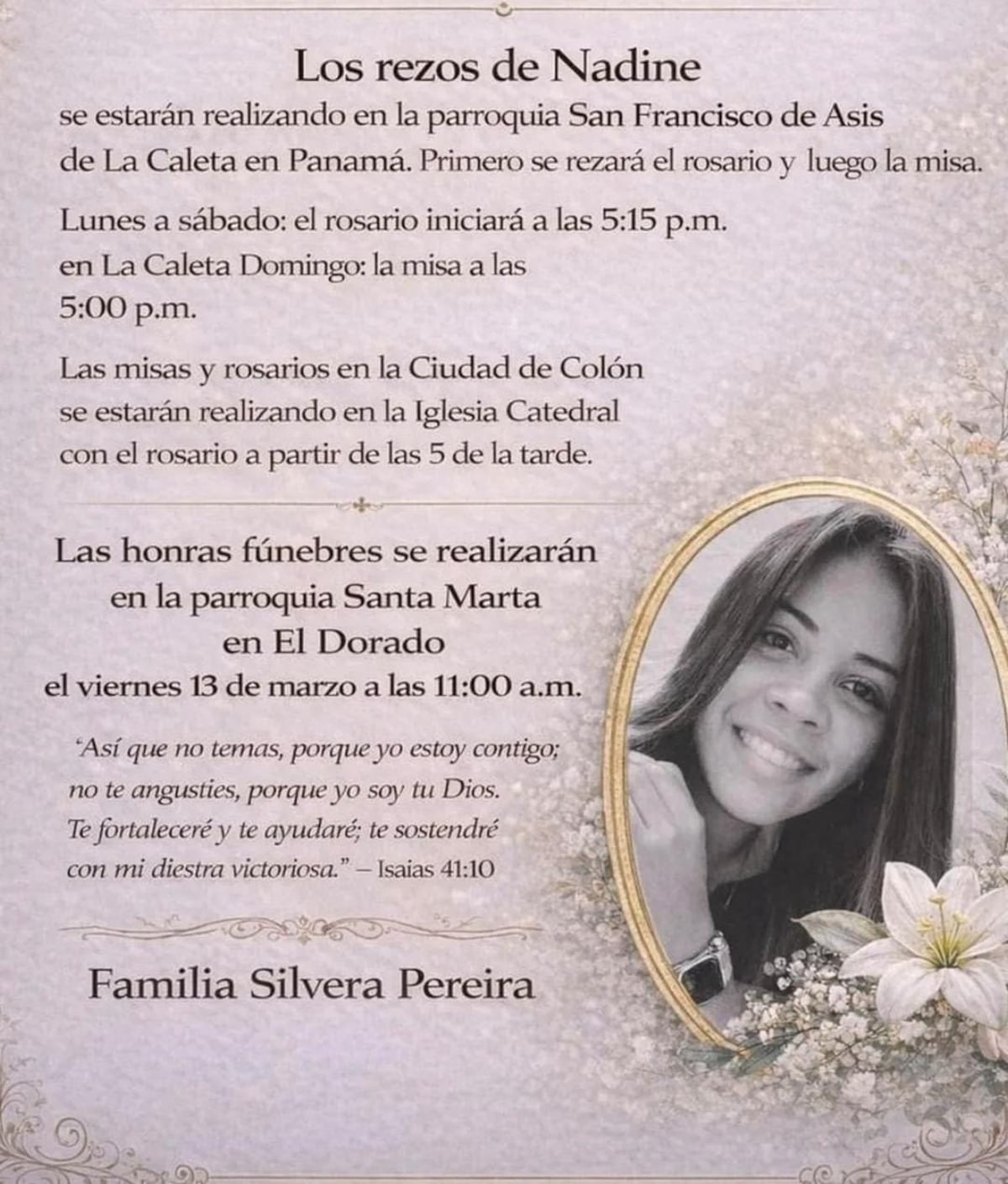 Entre rezos despiden a Nadine. ‘Somos una familia con valores’: el desgarrador mensaje tras el crimen de su esposa en Costa del Este