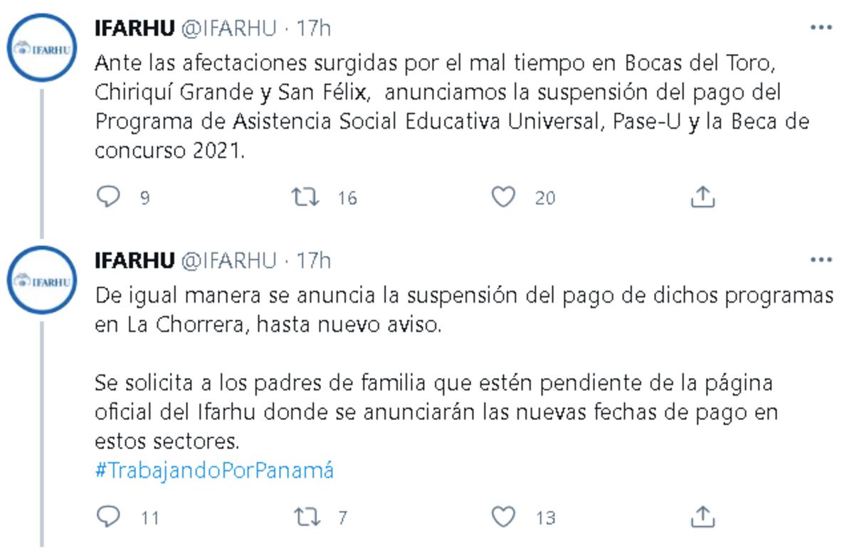 Ifarhu suspende pago de becas en Bocas del Toro, Chiriquí Grande, San Félix y hasta en La Chorrera