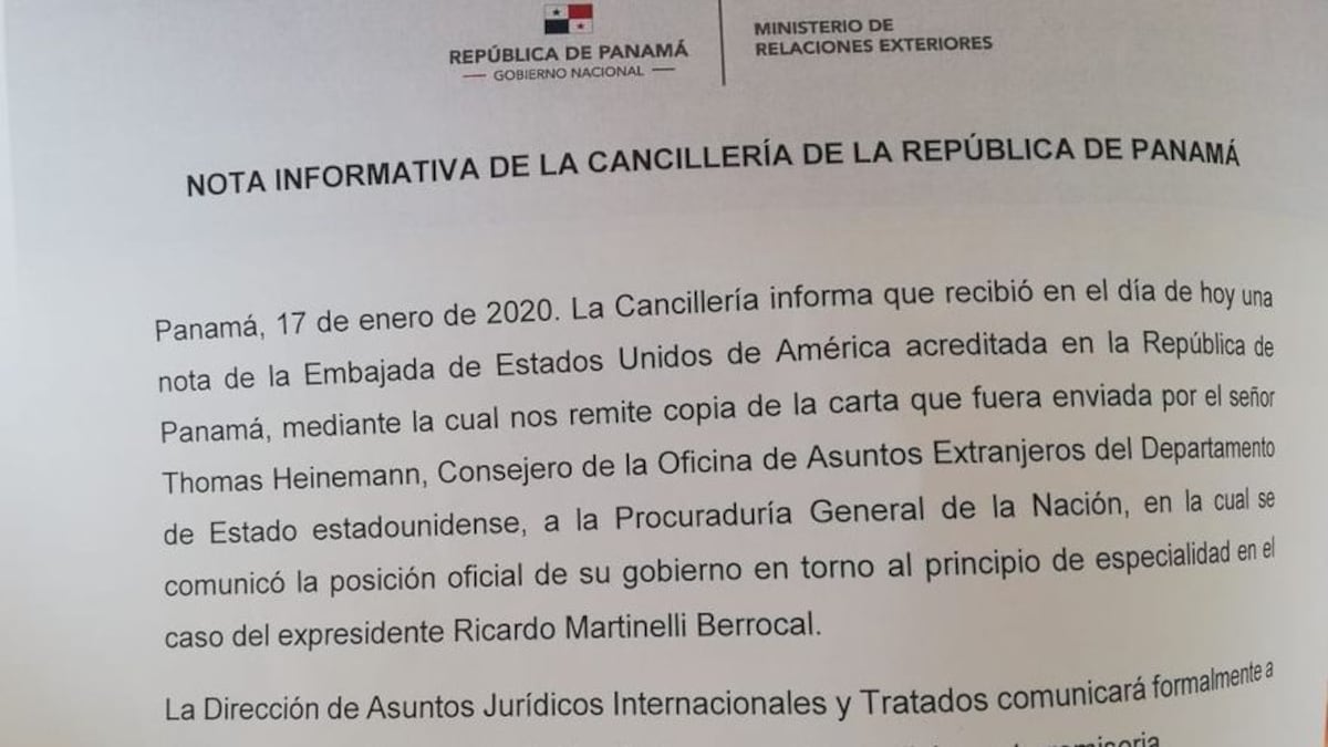 Cancillería informa que la posición oficial de EEUU es que ya no aplica el principio de especialidad en caso Martinelli