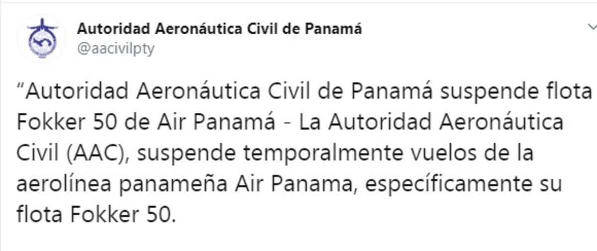 Autoridad Civil suspende vuelos de la flota Fokker 50 de Air Panama