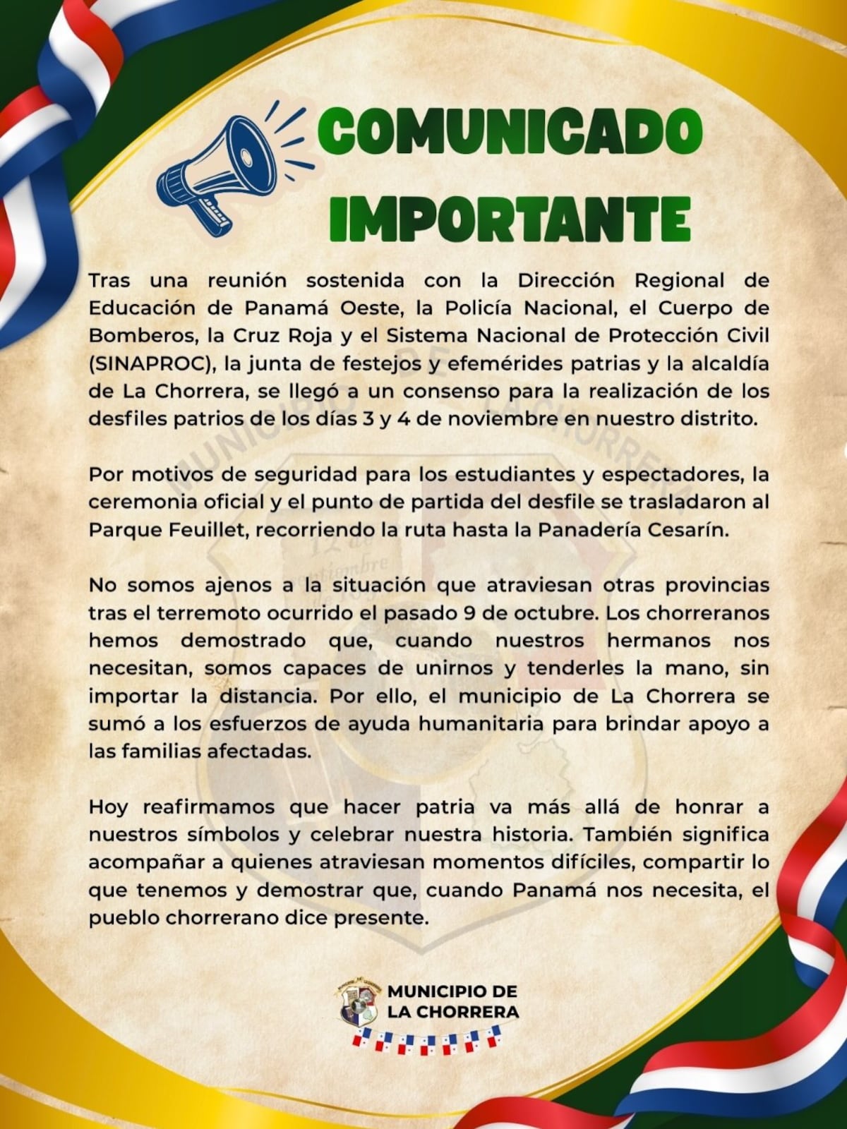 ¡Sí habrá desfiles patrios en La Chorrera! Recortan la ruta y solo participarán colegios del distrito