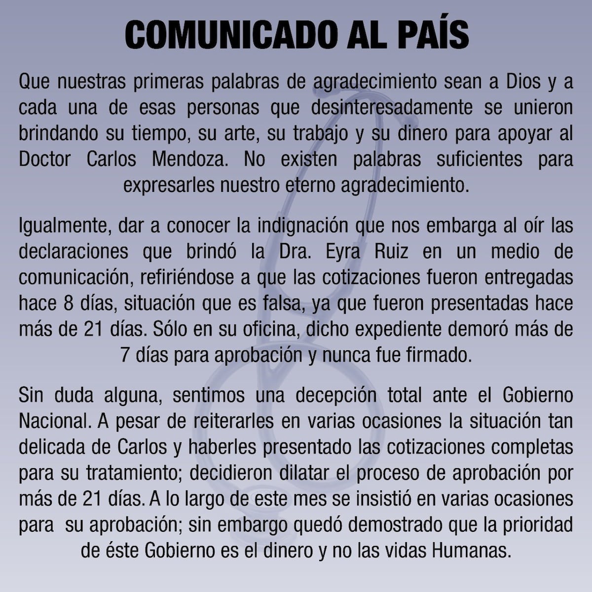 'Murió por no ser influencer’. Piden la destitución de la ministra consejera por la muerte del doctor Carlos Mendoza, contagiado de covid-19.  Necesitaba hacerse un trasplante 