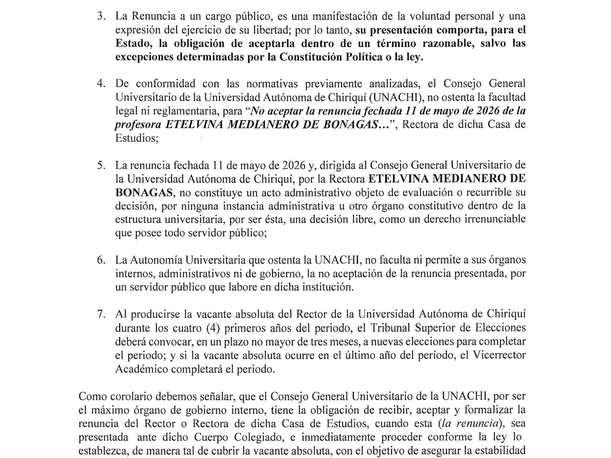 Consejo Universitario de la Unachi no podía rechazar renuncia de Etelvina Medianero