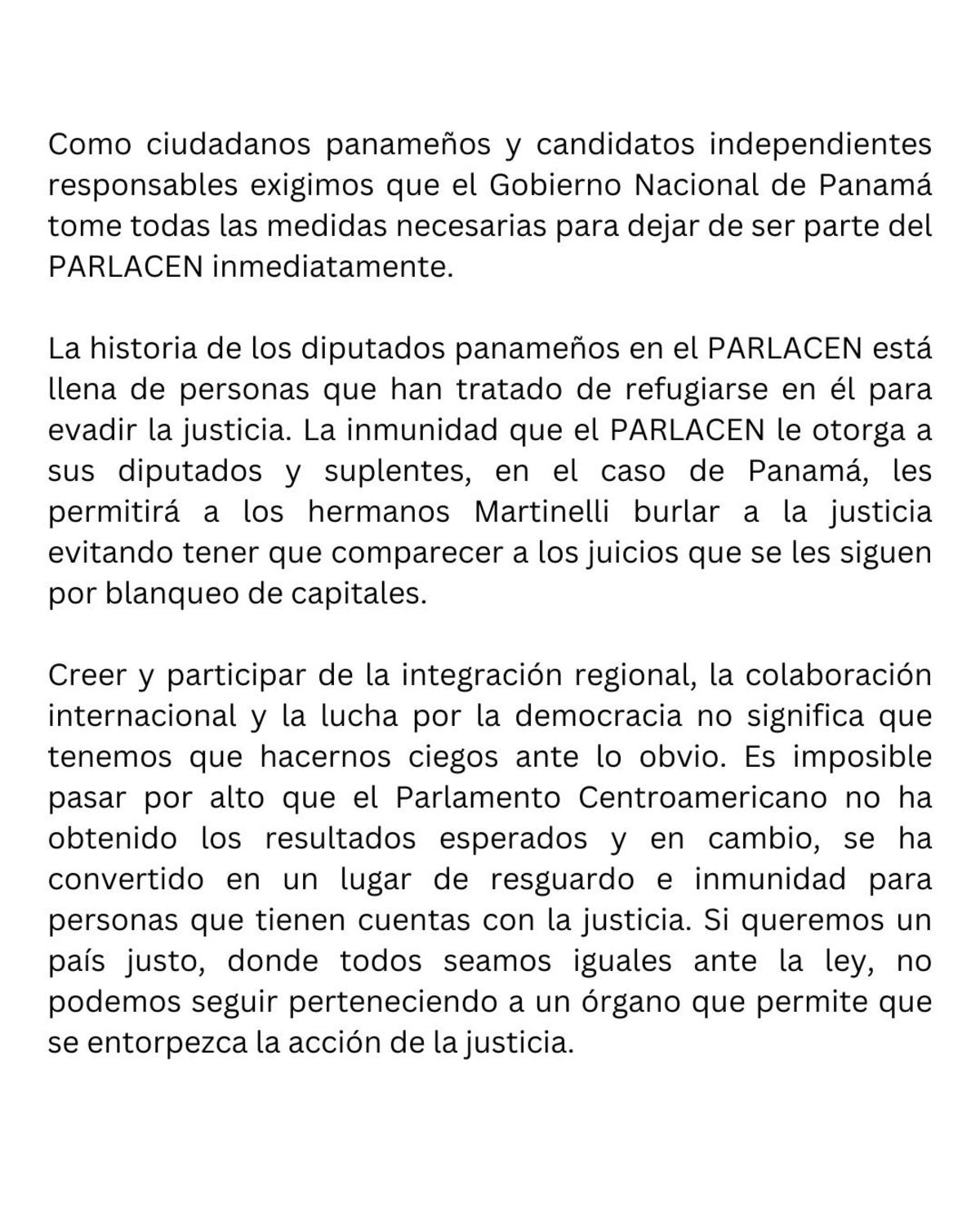 Candidatos a diputado por la vía independiente solicitan al Gobierno que Panamá salga del Parlacen