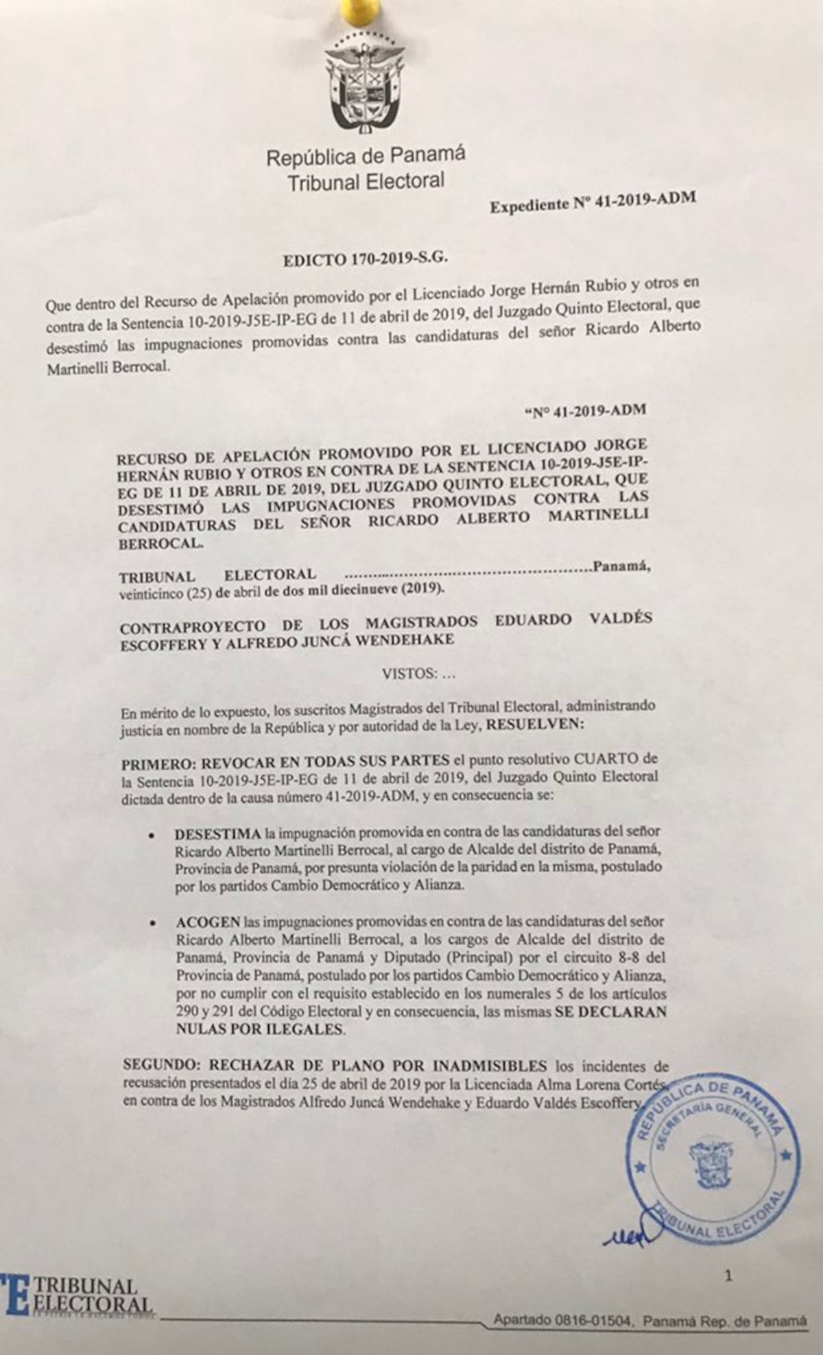 Aprueban impugnaciones y Martinelli no será candidato a alcalde y diputado