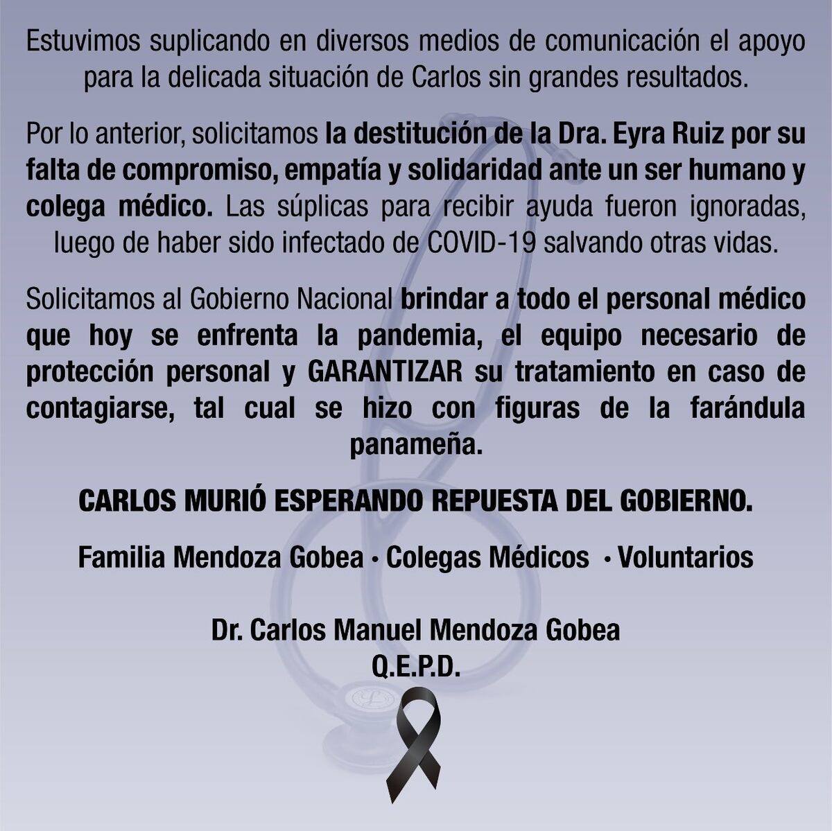 'Murió por no ser influencer’. Piden la destitución de la ministra consejera por la muerte del doctor Carlos Mendoza, contagiado de covid-19.  Necesitaba hacerse un trasplante 