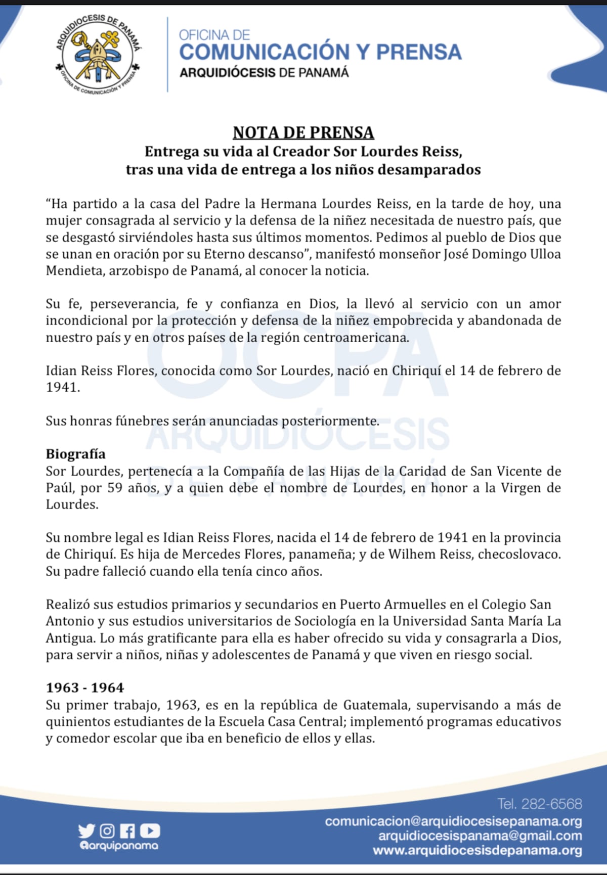 Qué tristeza. Panameños lamentan muerte de Sor Lourdes