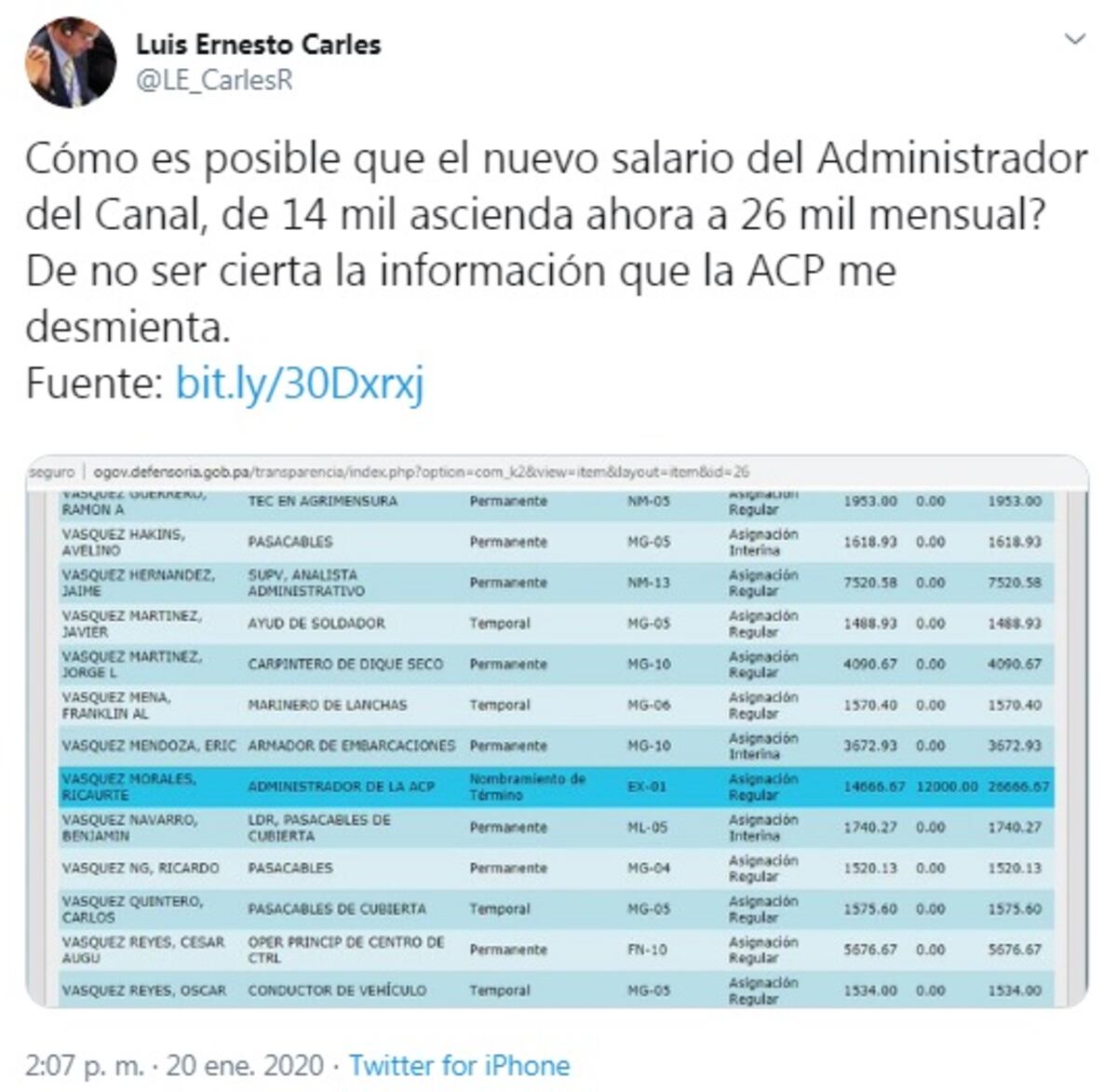 Develan supuesto aumento de salario al Administrador del Canal, a $26 mil mensual