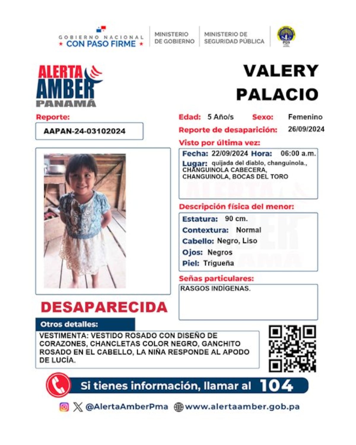 Alerta Amber: Búsqueda urgente de la niña Valery Palacio en Bocas del Toro