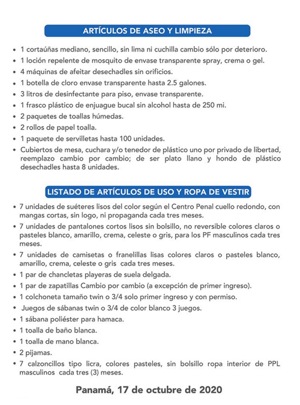 Estos son los artículos que podrán ser ingresados en las visitas a los centros penitenciarios de Panamá