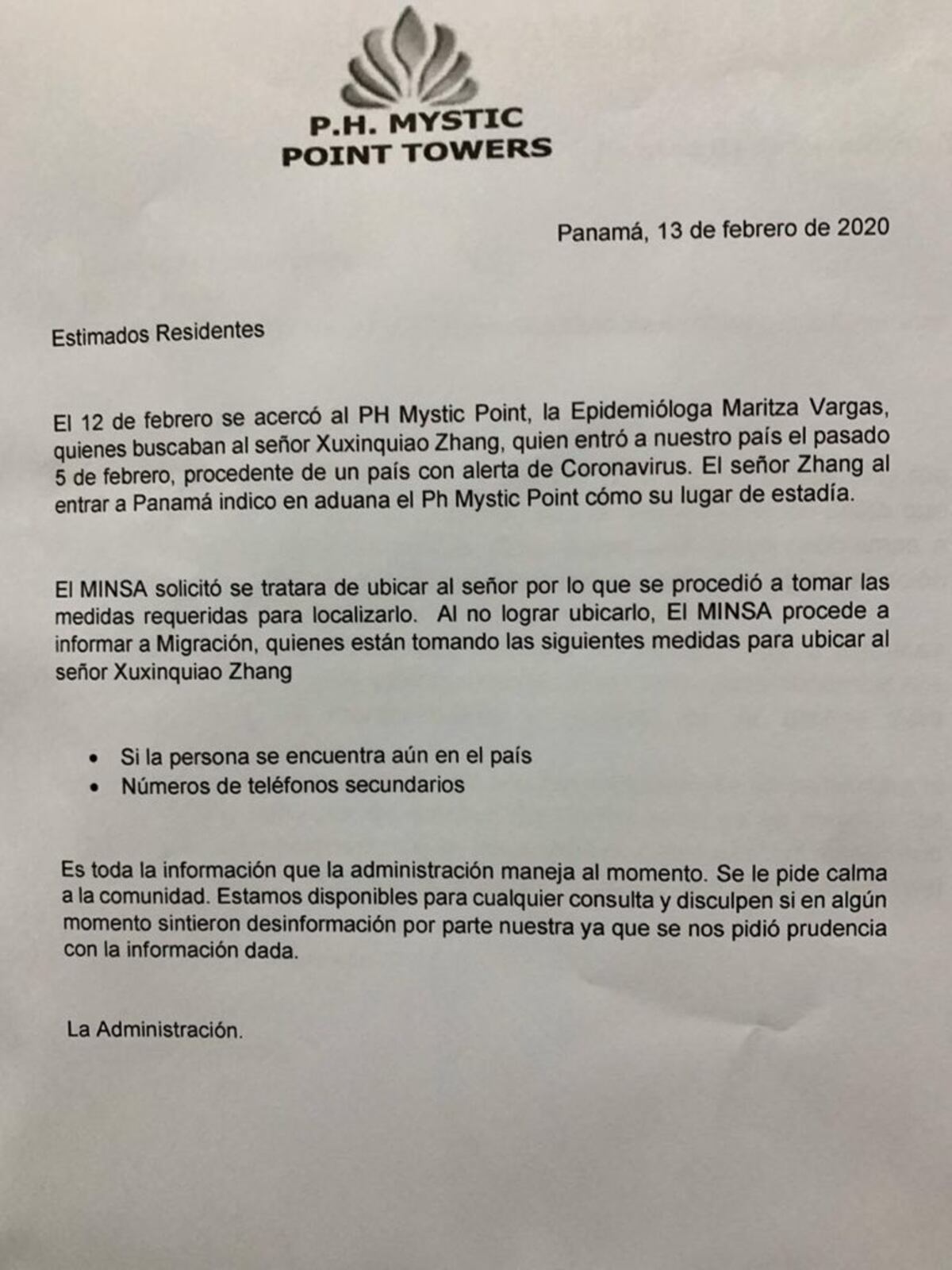 Se busca para control de salud. Chino mintió sobre su ubicación en Tocumen