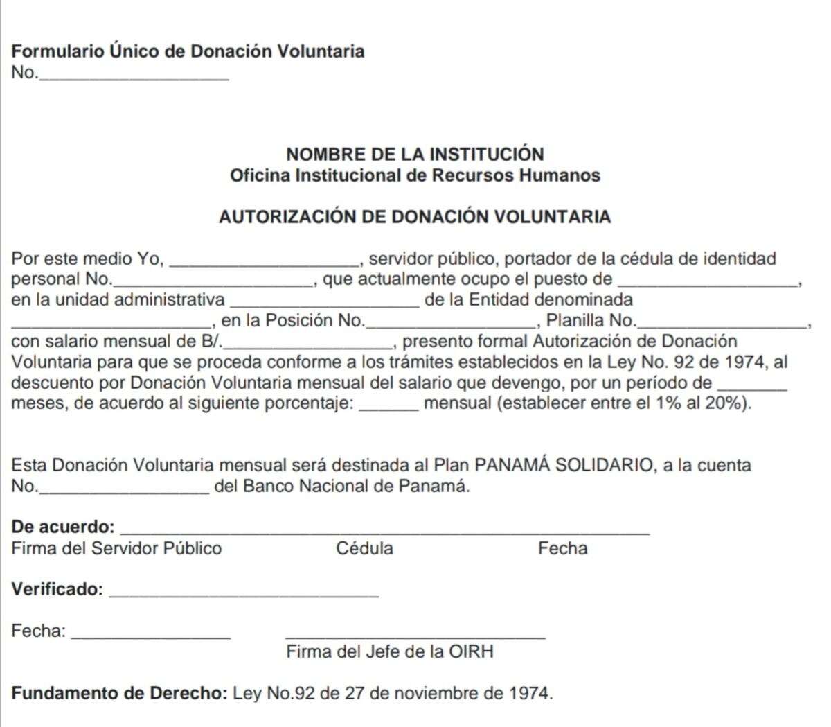 Circular instructivo para que funcionarios donen voluntariamente al Plan Panamá Soliario