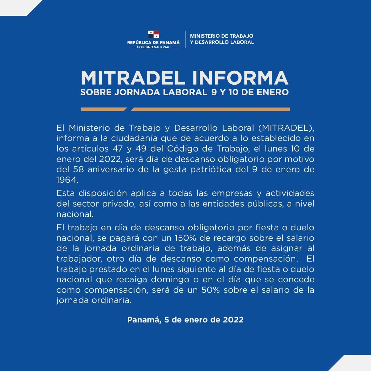 Este lunes 10 de enero será día de descanso obligatorio en Panamá