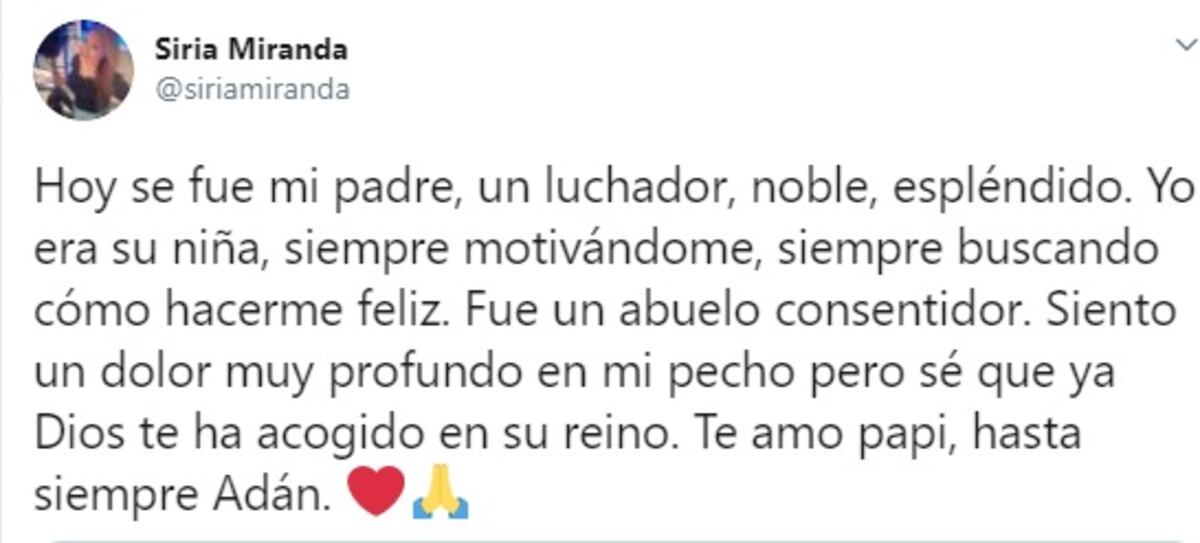 'Siento un dolor muy profundo en mi pecho’. Muere papá de Siria Miranda. La presentadora de noticias reacciona