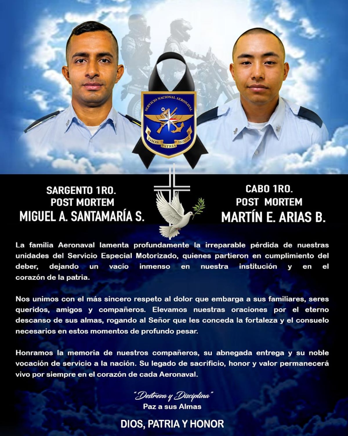 Miguel Santamaría y el cabo Arias, motorizados de la Aeronaval, mueren tras aparatoso accidente en la Costa Arriba, Colón + VIDEO