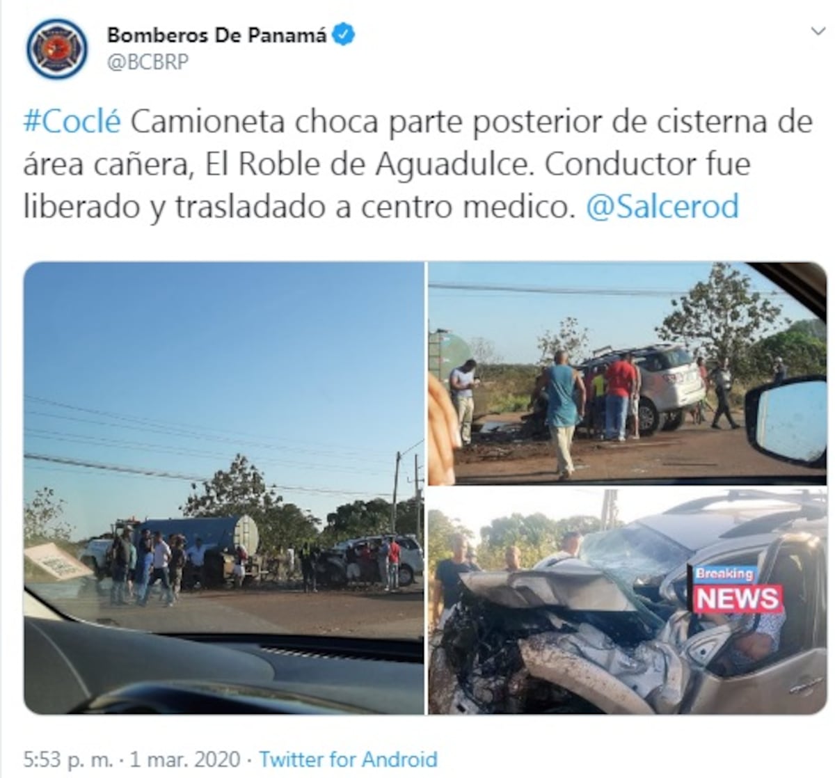 Camioneta se estrella contra un camión cisterna en la Interamericana