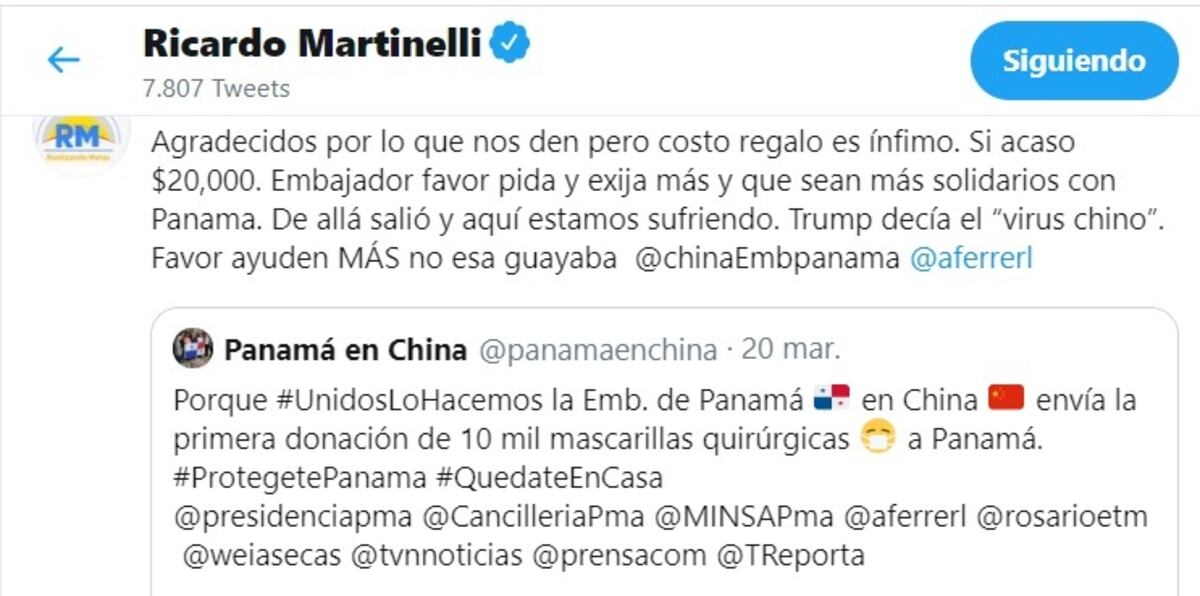 Martinelli dice que apoyo de embajada china por coronavirus es ‘una guayaba’. Embajador aclara 