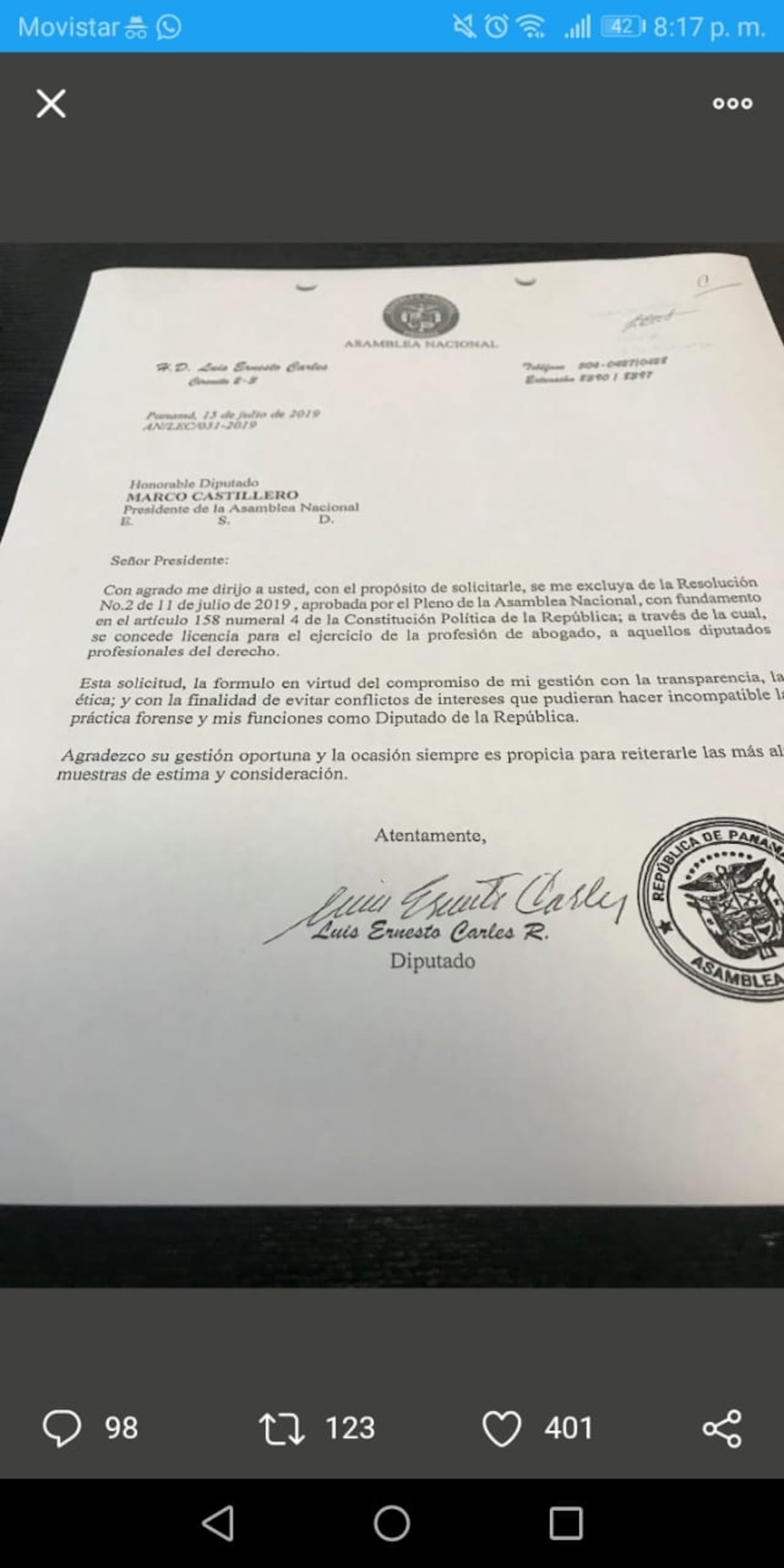 Diputado panameñista da un paso atrás