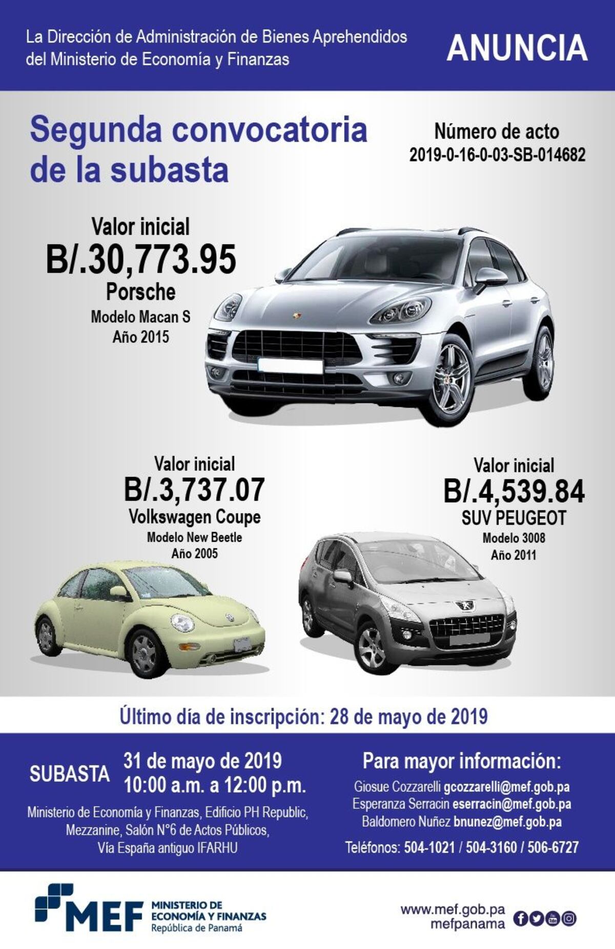 Dirección de Bienes Aprehendidos del MEF va a subastar Porsche, Volkswagen y más. Chequea los precios