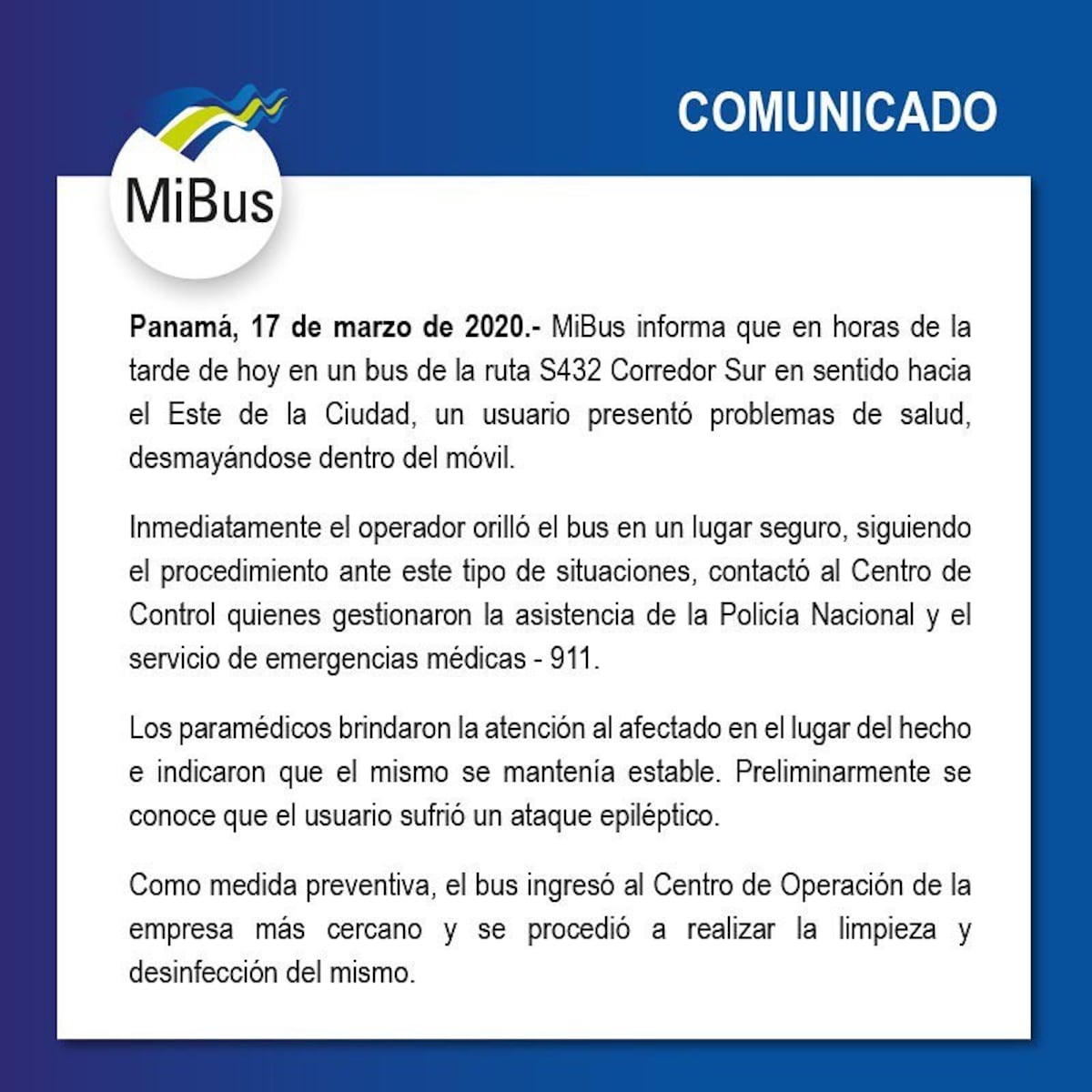 Como prevención, Mi Bus desinfecta bus luego de que usuario se desmayara por problemas de salud