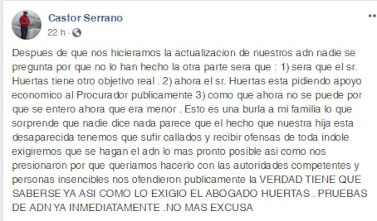 Grifina no duerme bien. Papá de Mónica Serrano dice que esto es una burla, exige que el ADN se haga rápido